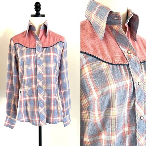 Fenton Tops - Vintage Pastel Western Pearl Snap Shirt Pink and Blue Plaid Fenton